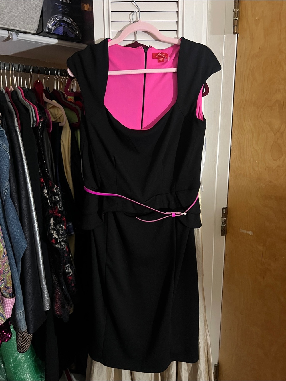 Signature by Sangria Black Midi Dress with Hot Pink Trim